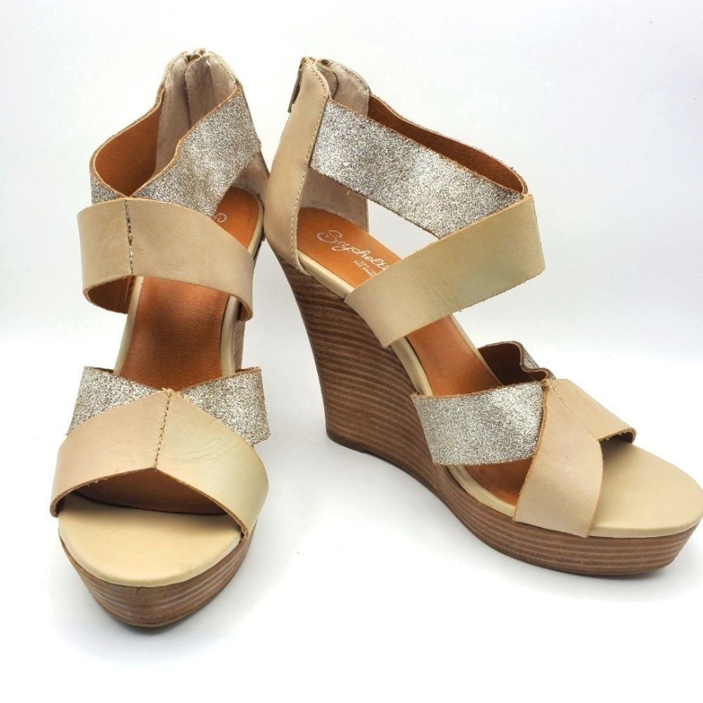 Seychelles Womens Tan Leather Gold Glitter Platform Wedge Sandals Size 8.5
